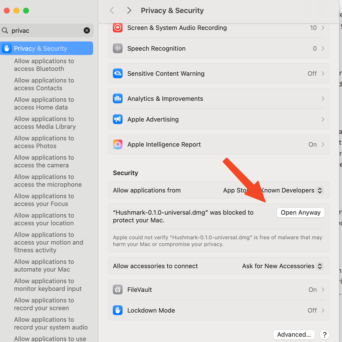 macOS Privacy and Security settings showing the blocked Hushmark disk image and the Open Anyway button