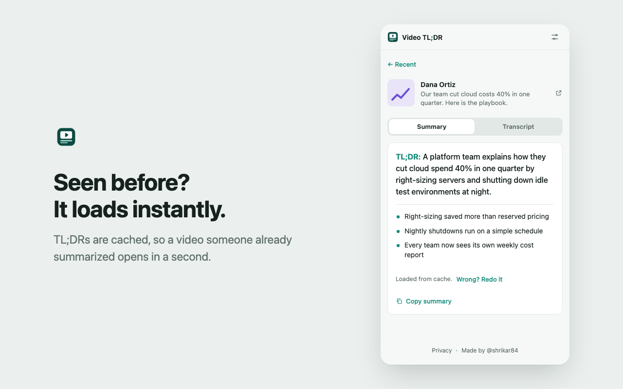 Video TL;DR side panel showing a cached TL;DR that loaded instantly